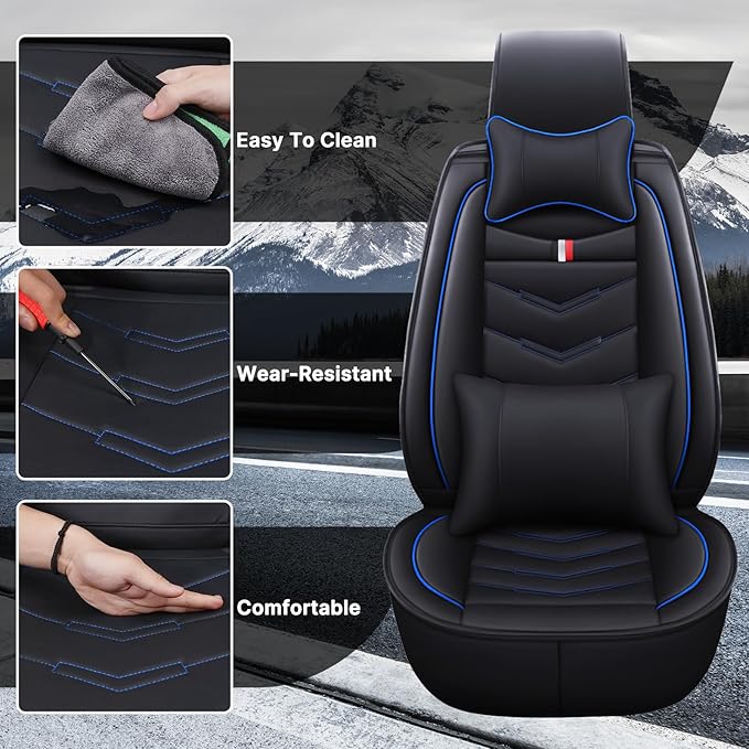 Full Set Seat Cover for Toyota Highlander 2001-2025, Waterproof Durable Premium Leather Car Seat Protector, Comfortable Anti-Slip Stylish Sport Seat Cover(5 Seats Luxury,Black Blue)