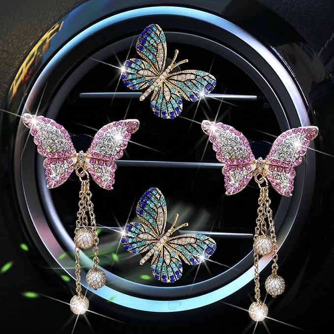 Blue and Pink Butterfly Air Vent Clip Accessories Air Conditioning Outlet Clip Car Air Freshener Dashboard Accessories Charm Car Inter Decor Cute Interior Accessories for Women (4 Pcs)