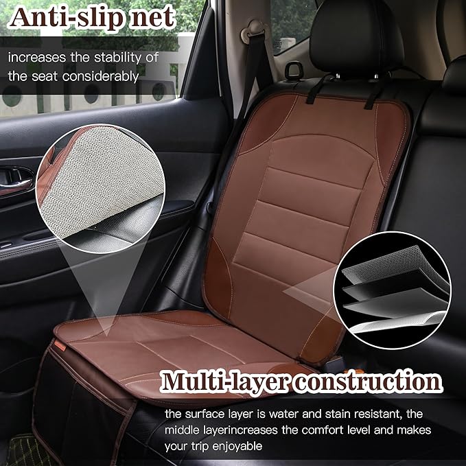 Sinvitron Car Seat Protector for Child Car Seat, Waterproof Car Seat Cover for Leather and Fabric Seats, 2 Mesh Pockets, Non-Slip Bottom, Thick Padding Cushion(1 Pack, Brown)
