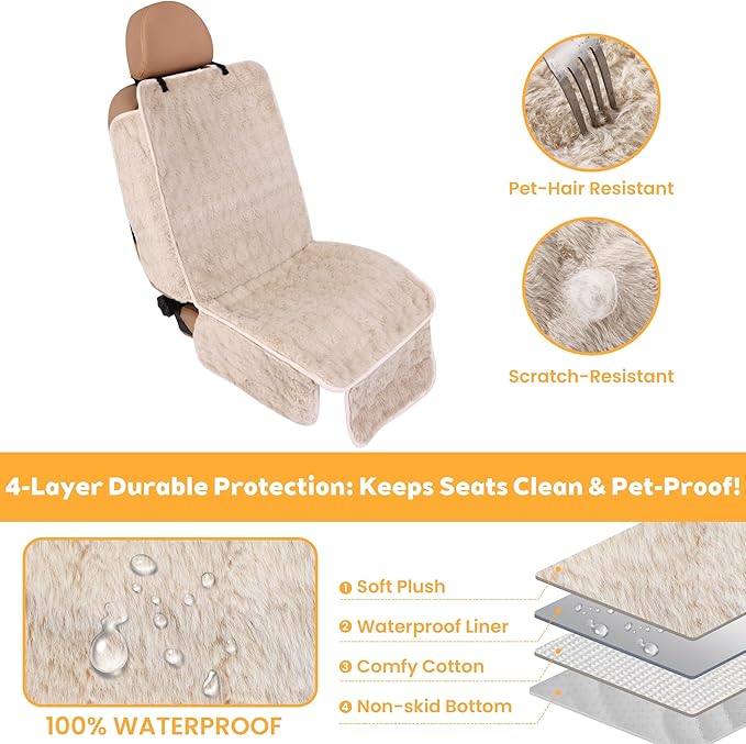 Dog Car Seat Cover for Back Seat & Front Seat, Plush Faux Fur Pet Car Seat Protector with Waterproof Layer, Non-Slip Bottom, Side Flaps, Machine Washable (Front Seat Beige)