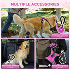 FURRYFECTION Plaid Dog Harness for Small Dogs, Reflective No Pull Adjustable Pet Vest with Front Clip, Leash, Easy Control Handle and Seat Belt, Rose, S