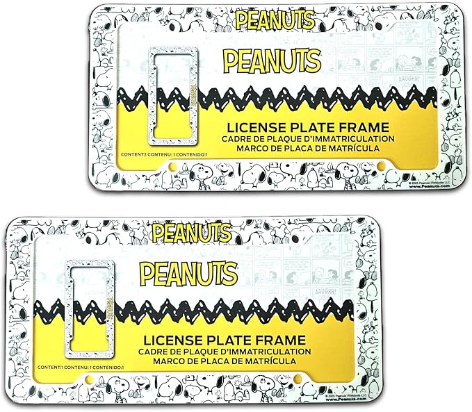 Snoopy Expression License Plate Frame 2 Pack Bundle with Little Tree Air Freshener – Plasticolor Peanuts Snoopy Design, Universal Fit Standard Car Plate Frames, Plastic