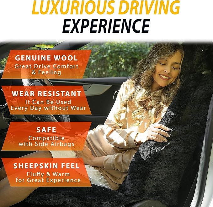ZONETECH Sheepskin Seat Covers Fuzzy Car Seat Covers Black Australian Merino Wool Fluffy Fur Auto Accessories All Season Protection for Your Seats Universal Fits Most Car SUV Airbag Compatible 2-Pack