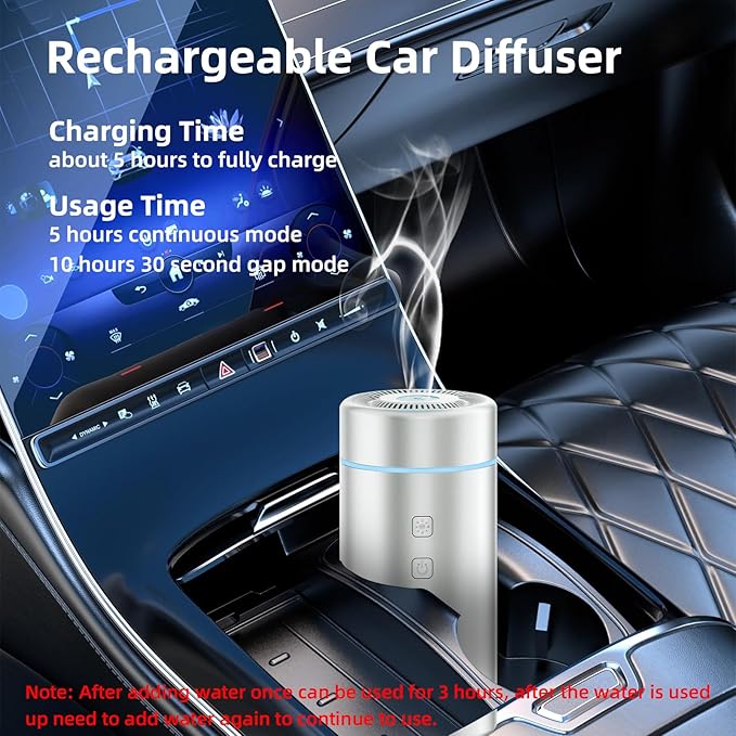 100ML Car Essential Oil Diffuser, Rechargeable Battery Powered, Cordless Portable Aromatherapy Humidifier with 7 LED Color Lights 2 Timer Modes for Car Room Home Office (Silver)