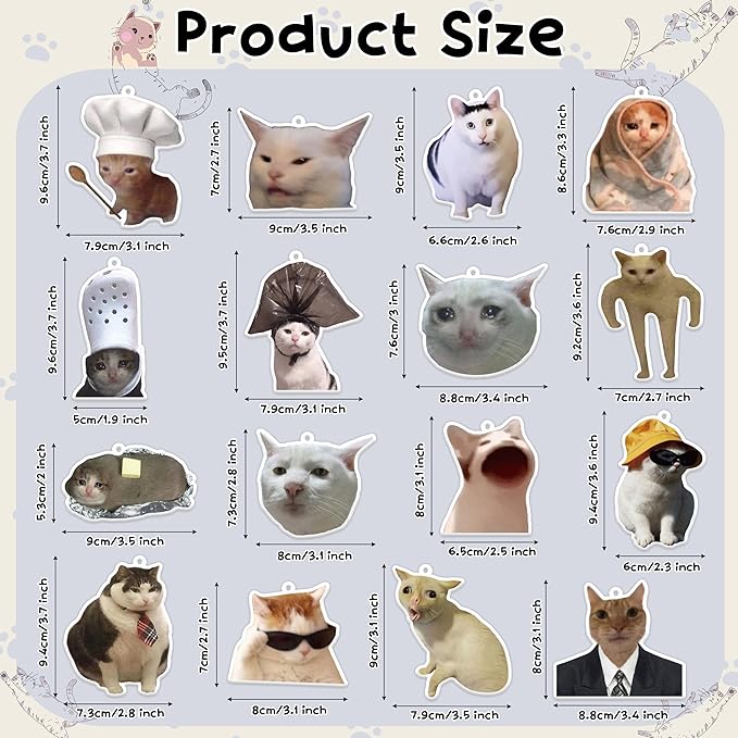 Funny Meme Cat Car Air Freshener - 16Pcs Cute Cat Freshener Hanging Ornaments for Women Men, Double Sided Printing Long-Lasting Scent Fragrant Pendant Gift for Car Accessories Decoration Home
