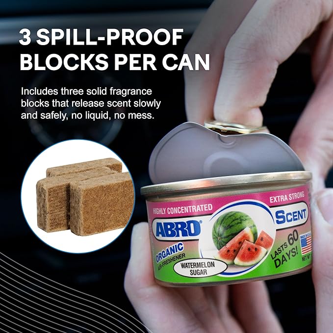 ABRO Car Air Fresheners: Canned, Spill Proof Airfreshener for Home, Office, or Car Accessories Interior, Lasts Up to 60 Days - 3 Pack Watermelon Sugar