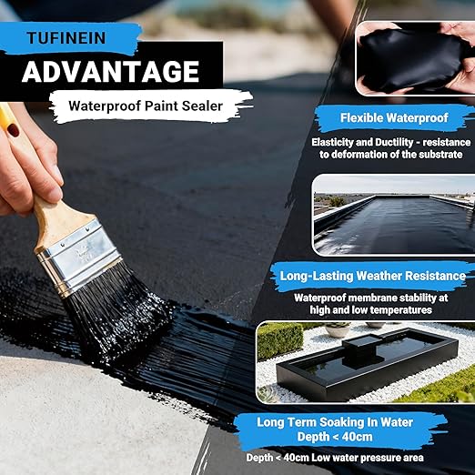 Rubber Liquid Waterproof Sealant, TUFINEIN 11 LB/5 KG Black Quick Drying Multi Surface Foundation Leak Repair - Roof Gutters Basement Sealer Waterproof - Indoor & Outdoor Flexible Rubber Paint