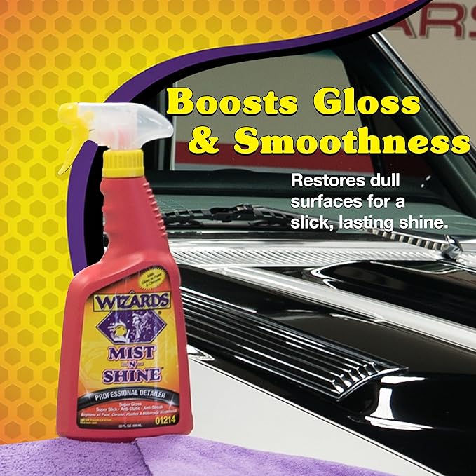 Wizards Mist-N-Shine Detail Spray and Power Clean Wheel and Tire Cleaner - ulti-Purpose High Gloss Finish Waterless Quick Detailer Spray for Glass, Chrome, Paint and Plastics - Non Caustic and No Acid