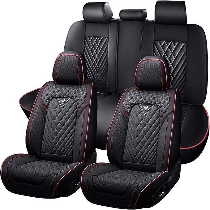 Truck Seat Covers for Ford F350 2011-2026, Waterproof Premium Leather Full Coverage Car Seat Cover, Muscle Sport Style Auto Interior Seat Cover Sets (Full Set/Black Red)