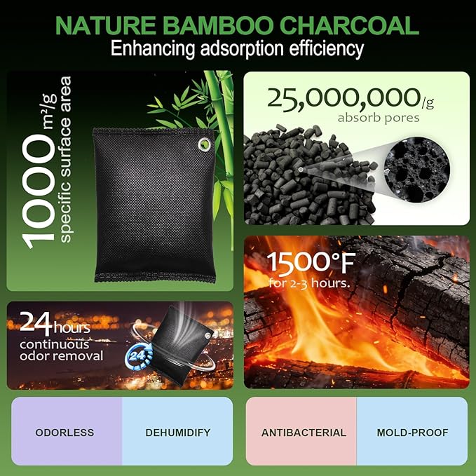 Activated Charcoal Odor Absorber, Odor Eliminator for Strong Odor,Bamboo Charcoal Air Purifying Bags for Home Car Closet Pet, Smoke Room Deodorizer (10 x 60g, Unscented)
