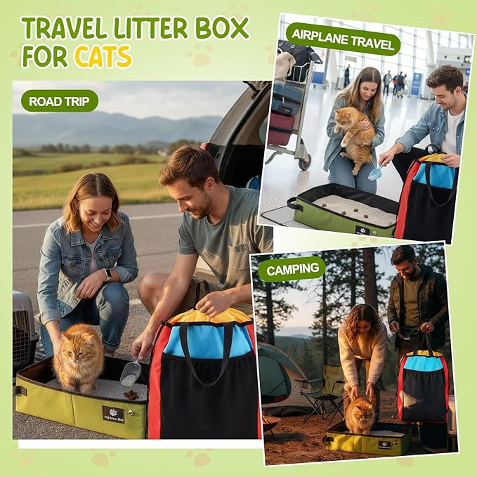 Hillban Travel Litter Box for Cats, 4 In1 Kit Include Scooper Cat, Portable Collapsible Portable Cat Box, Litter Bag, 15 Pcs Poop Bags, Lightweight Leak Proof for Car Travel, Camping, Plane, Hotel