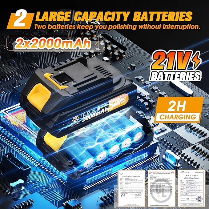 Cordless Car Buffer Polisher kit [2x 2000mAh 21V Batteries & 18 PCS Attachments] 6-Speed Orbital Design, LED Display, Lightweight Detailing Tool for Waxing, Polishing & Scratch Removal-Yellow