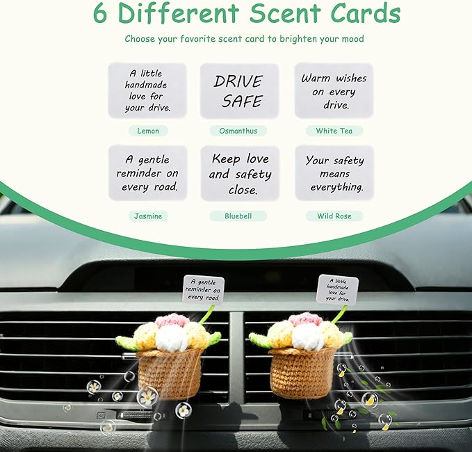 SUNACE 2 Pcs Cute Crochet Plant Car Vent Clips, Handmade Plant Pots Car Air Freshener with 6 Scent Cards, Car Interior Decor Accessories Gift for Women, for Car Vents, Home & Office Spaces