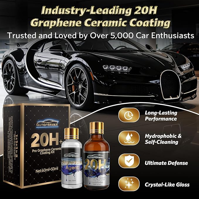 Graphene Ceramic Coating for Cars(60ml)，20H Nano Ceramic Coating Kit Reduce Cleaning Frequency by 60%, Hydrophobic, Scratch & UV Resistant, High Gloss Finish (Including 50ml Degreasing Agent)