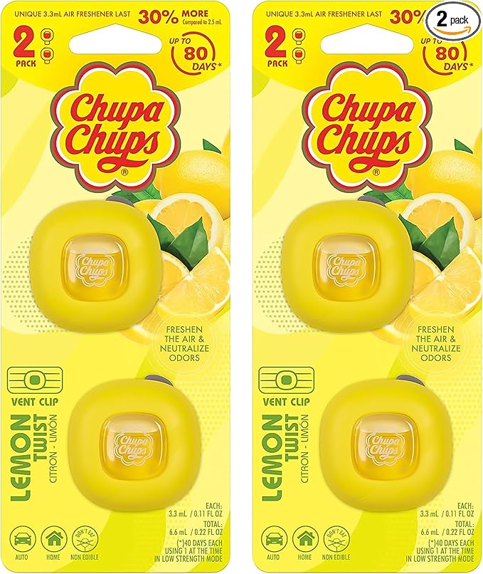Chupa Chups Car Air Freshener, Lemon Twist - Long Lasting Car Fresheners with Fun Scents, Colorful and Vibrant Air Freshener for Car, Unique Car Freshener Perfume Deodorizer- 2-Pack (4pcs Total)