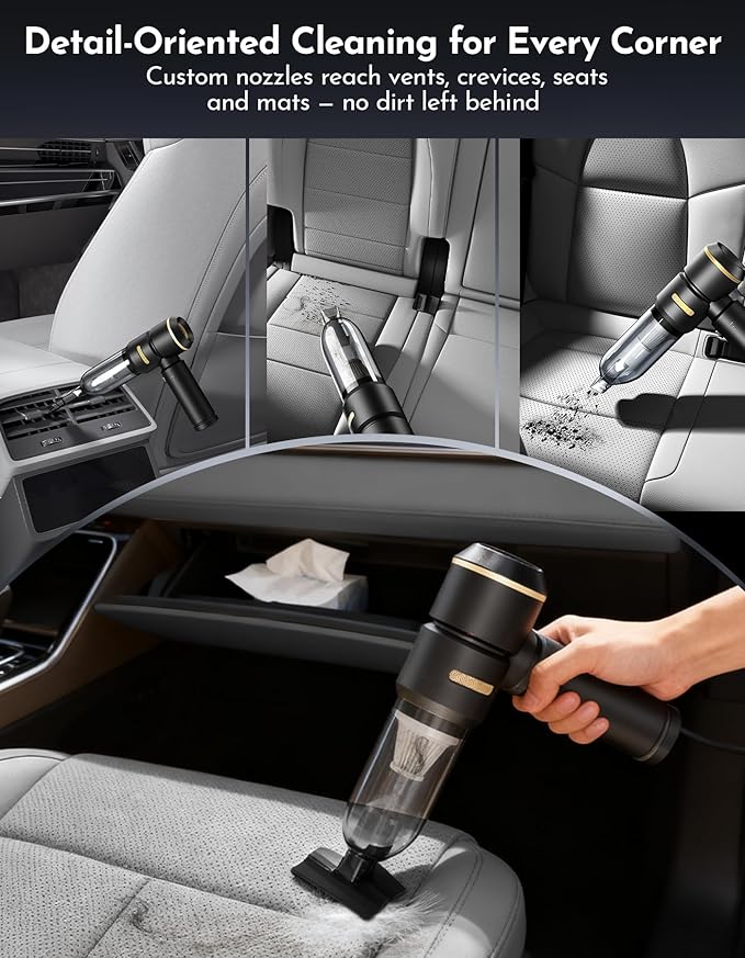 Handheld Car Vacuum Cleaner with Multiple Nozzles, Powerful Portable Design, Black with Gold Accents, Includes Brush and Crevice Tools
