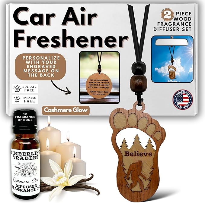 Personalized Car Air Freshener, Wood Diffuser and Fragrance Oil Set, Custom Message, Rearview Mirror Charm, Bigfoot Believe, Sasquatch, Auto Accessory for Men or Women (Cashmere Glow)