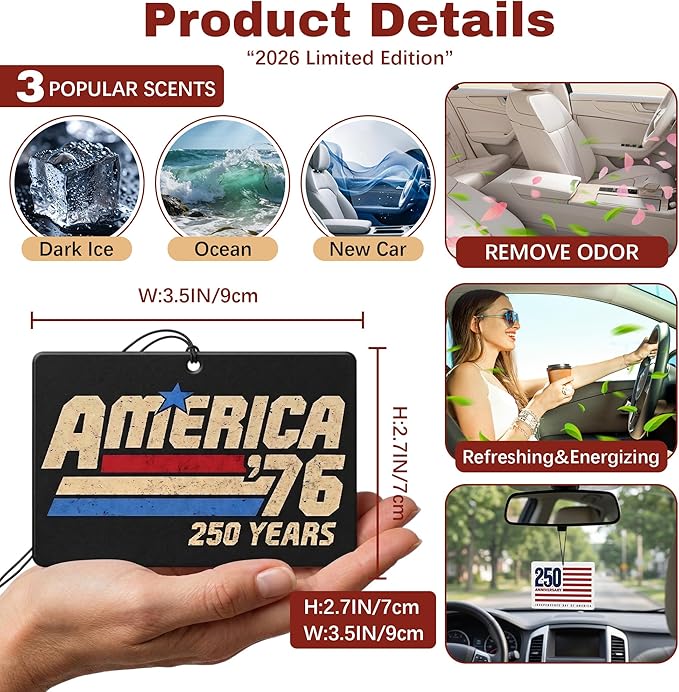 9Pcs USA 250th Anniversary Car Air Freshener, 1776-2026 Semiquincentennial Commemorative Hanging Ornament, Patriotic Double-Sided Scented Tablet, 2026 Independence Day Souvenir Gifts (Style 6)
