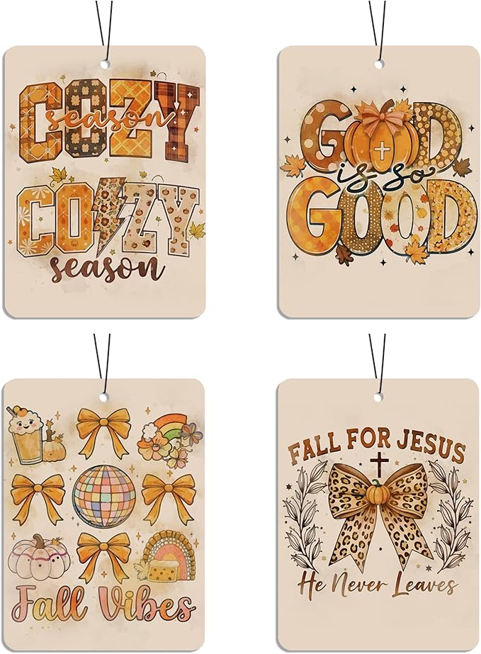 Christian Fall Car Air Freshener 4 Pcs, Cozy Religious Quote Scented Hanging Decor for Women Men, Vehicles Home Church, Autumn Faith Based Mirror Gift