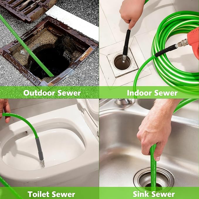 West Bay Sewer Jetter Kit 100 FT for Pressure Washer, 5800 PSI Drain Cleaner Hose 1/4 Inch NPT Corner Rotating and Button Nose Sewer Jetting Nozzle Spanner Watertight Tape Pearl Corsage Pin(Green)