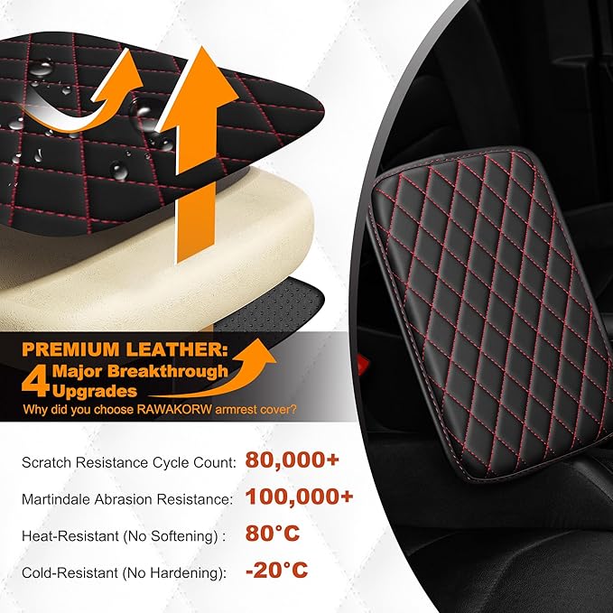 Center Console Cover for Cars Fit for Jeep Grand Cherokee L Leather Armrest Covers with 2 Storage Bags(Black&Red)