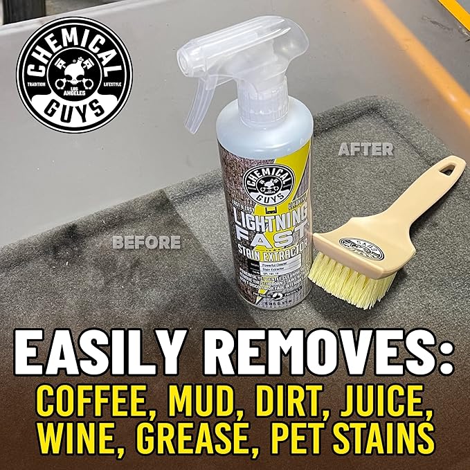 Chemical Guys SPI_191_16B Carpet & Upholstery Stain & Spot Remover Bundle - (1) 16 fl oz Lightning Fast Stain Extractor & (1) Nifty Detailing Brush, (Cars, Trucks, SUVs, RVs, Home, Interior, Pets)