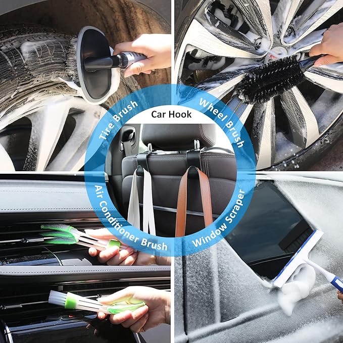 AUTODECO 33Pcs Car Wash Detailing Kit Cleaning Kits with Foam Gun Sprayer Brush Large Wash Mitt Towels Complete Interior Exterior Car Washing Supply Set Blue
