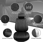 CAR PASS Leather Seat Covers Full Set, Luxury Seat Protector for Cars, Waterproof PU 5-Seat Car Seat Covers Universal for SUV Sedan Truck, Airbag Compatible & Anti-Slip, Solid Black