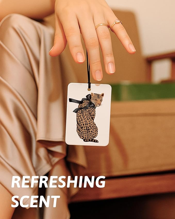 Trendy Retro Leopard Car Air Freshener 4 Pcs, Coquette Bow Cheetah Print Star Lucky 8 Ball Hanging Air Freshener for Cars Closet Drawer Books, Cute Girly Car Accessories Mirror Decor for Women