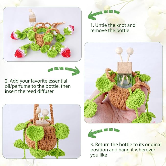Crochet Car Air Freshener, 10ml Empty Refillable Oil Diffuser Bottle with Hanging Crochet Flower Strawberry Plant & Hanging Tools, Car Rearview Mirror Diffuser for Wall Art & Home & Office Decoration