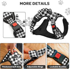 FURRYFECTION Plaid Dog Harness for Large Dogs, Reflective No Pull Adjustable Pet Vest with Front Clip, Leash, Easy Control Handle and Seat Belt, Beige&White, L