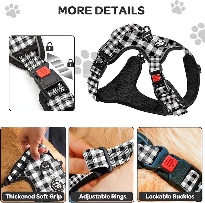FURRYFECTION Plaid Dog Harness for Small Dogs, Reflective No Pull Adjustable Pet Vest with Front Clip, Leash, Easy Control Handle and Seat Belt, Beige&White, S