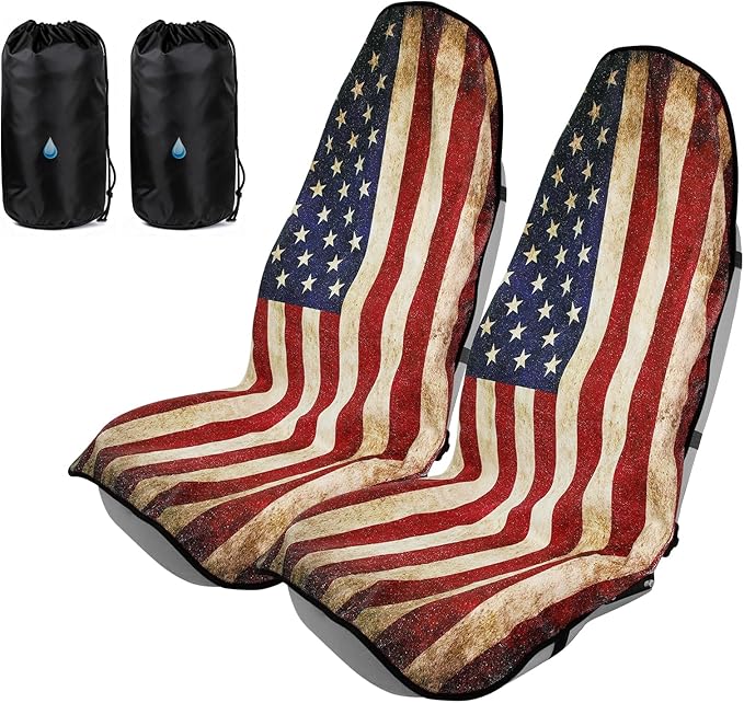 American Flag Car Seat Towel Protector (2-Pack), Waterproof Sweat-Proof Non-Slip Cover for SUV, Truck & Sedan, Patriotic Seat Mat for Gym & Beach, Washable & Easy Install, Ideal Celebration Gift