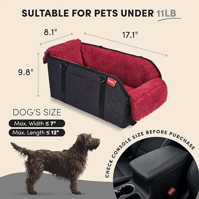 BurgeonNest Center Console Small Dog Car Seat - Portable Pet Cat Puppy Booster Armrest Carseat Up to 11lbs, Anti-Collapse Comfort Car Travel with Washable Fluffy Cushion and Pillow, Red
