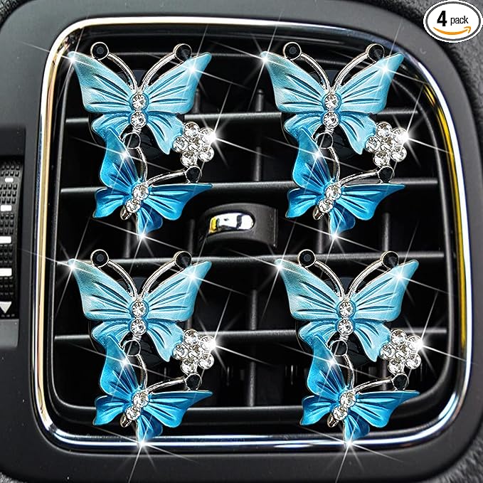 Air Fresheners Vent Clips for Women, 4 Pcs Cute Dual Butterfly Diamond Rhinestone Clip, Sparkly Interior Decor Bling Accessories (Blue)