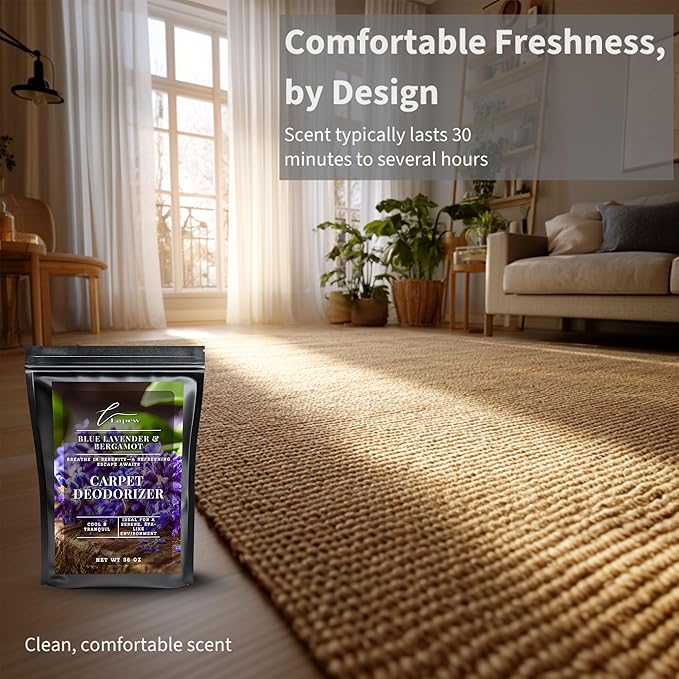 Lapew Blue Lavender & Bergamot Carpet Deodorizer Powder - Pet Safe Freshener for Vacuuming | Scented Odor Eliminator for Home | 36 oz