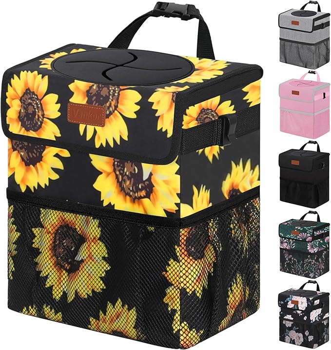 Car Trash Can for Car Cute,Bag Bin Hanging Waterproof Automotive Garbage Cans Leak Proof Vehicle Trash Can Sunflower