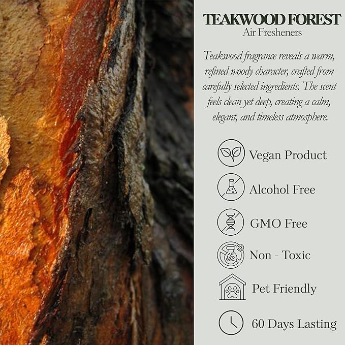 Car Air Freshener - Pack of 2 TeakWood Scent Hanging Car Air Diffuser - 0.27FL OZ/8ML Odor Eliminator - 60 Days Long Lasting Essential Oil Diffuser - Cars Accessories for Men & Women