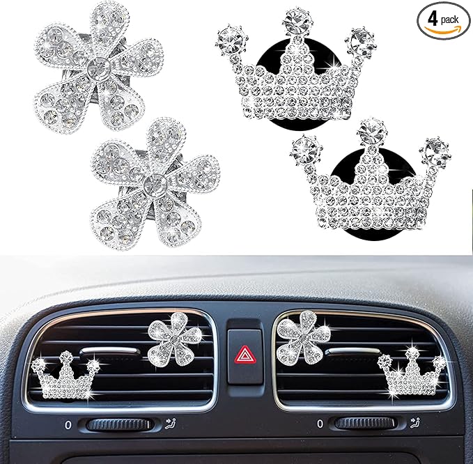 4 Pcs Bling Daisy Air Vent Clips, Crystal Crown Car Air Fresheners Vent Clips Charms Rhinestone Diffuser Vent Clip Crown Car Interior Decoration Cute Car Decor Bling Flower Cute Car Accessories for Women (Crown&Daisy)