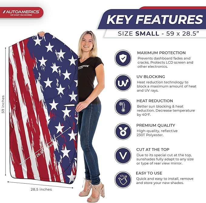 Autoamerics 1-Piece Windshield Sun Shade USA Art Flag - 2 American Design - Foldable Car Front Window Sunshade for Most Sedans SUV Truck - Blocks Max UV Rays and Keeps Your Vehicle Cool - Small