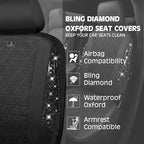 CAR PASS Oxford Bling Diamond Car Seat Covers Full Set Interior Sets, Waterproof Shining Glitter Sparkly Crystal Universal Armrest Fit 95% Automotive Truck SUV Cute Women Girl, All Black Rhinestone