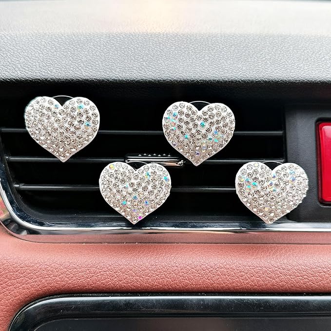 4-Pack Crystal Heart Car Vent Clips – Sparkling Rhinestone Air Fresheners for Cars, Bling Diamond Auto Fragrance Holder for SUV & Sedan(Write, Ocean)