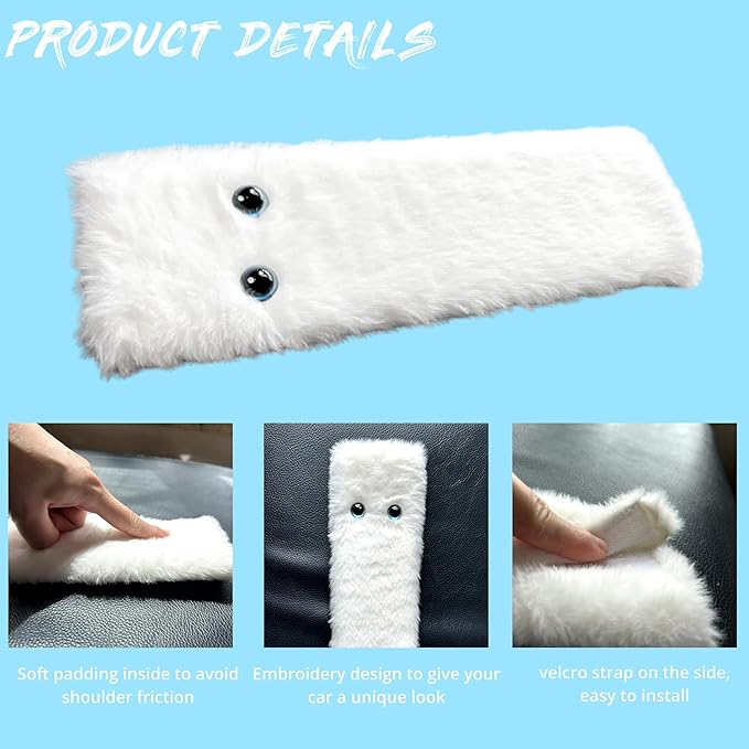 White Cat Eyes Seat Belt Strap Cover Pad, Cute Funny Kawaii Interior Car Accessories Decor, for Auto Car Truck Pickup 2025, Artificial Soft Wool, Fluffy Shoulder Neck Cushion Protector, 2 PCS