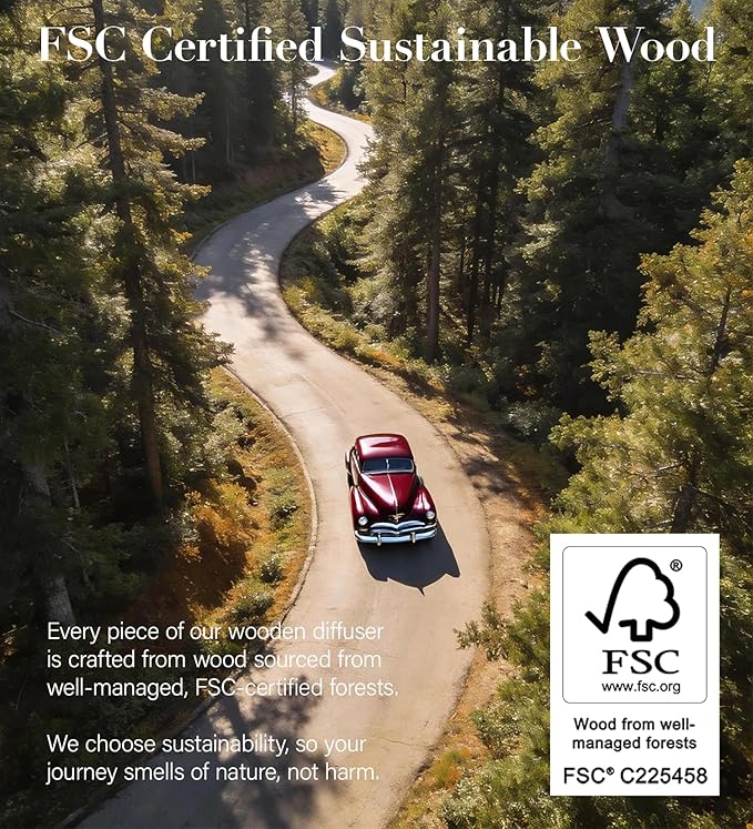 Wooden Car Air Freshener | FSC-Certified Original Wood, Visor Metal Clip, 100% Pure Essential Oils, 40+ Days Long-Lasting Odor Eliminator, 3 Refillable Scents Diffuser for Cars, Trucks, SUVs