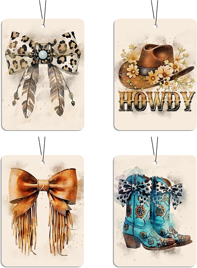 Cowgirl Car Air Freshener 4 Pcs, Watercolor Bow Hat Boot Scented Hanging Decor for Women, Vehicles Home Ranch, Western Boho Mirror Gift