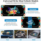 63"x28.5" Car Windshield Sun Shade with Storage Pouch, Stylish Printed Front Window Sunshade with Double Ring Frame, Universal Fit Foldable Heat Blocker & UV Protector for SUV, Sedan (Good Vibes)