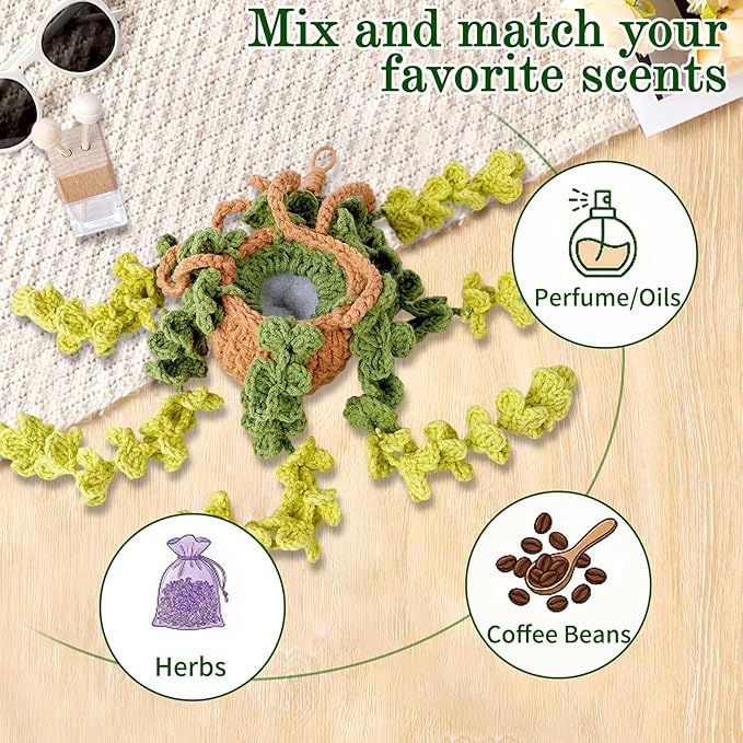 Crochet Car Air Freshener, 8ml Empty Refillable Oil Diffuser Bottle with Hanging Crochet Pink Strawberry Plant & Hanging Tools, Car Rearview Mirror Diffuser for Wall Art & Home & Office Decoration