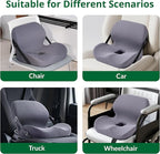 One-Piece Memory Foam Seat & Back Cushion - Lumbar Support, Adjustable Strap, Non-Slip Bottom - Breathable Removable Cover for Office Chair, Car, Truck (Grey)