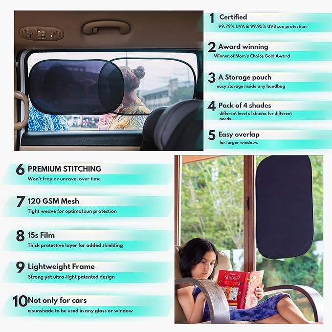 Car Window Shades - Certified 99.79% UVA & 99.95% UVB Sun Protection. Award Winning car Sun Shade for Side Windows. 4 Pack Semi Transparent 25" x 16" - Car Accessories Interior by Kinder Fluff
