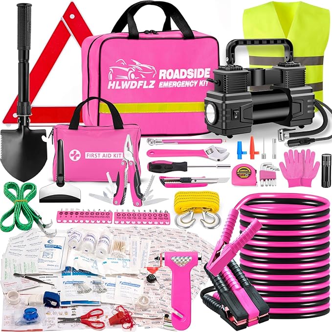 Car Emergency Kit with Portable Air Compressor - Roadside Assistance Emergency Kit with Jumper Cables, First Aid Kit, Auto Tool Set, Winter Safety Kit for Women, Men, Teen (Pink)